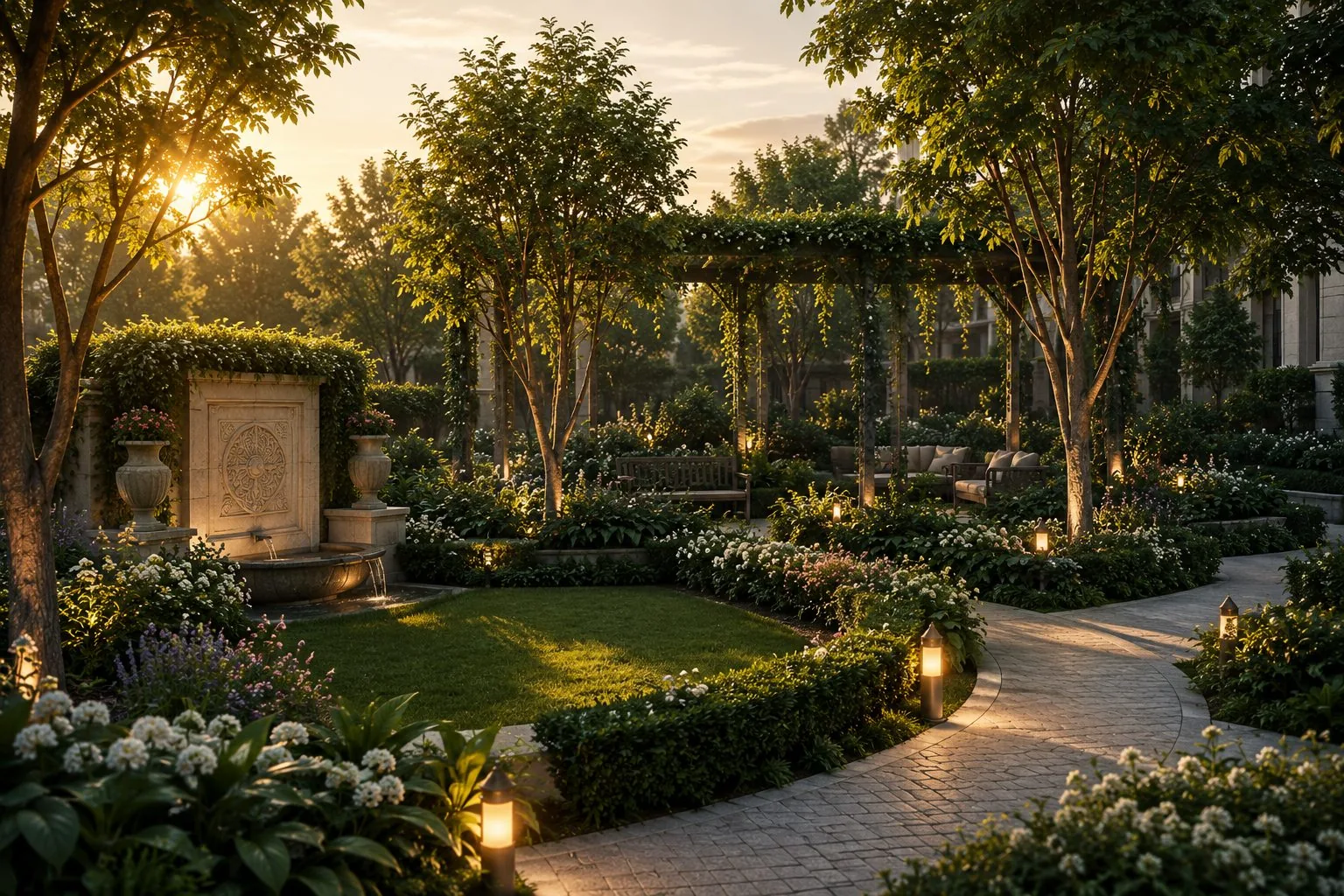 Lush landscaped garden with pathway and seating