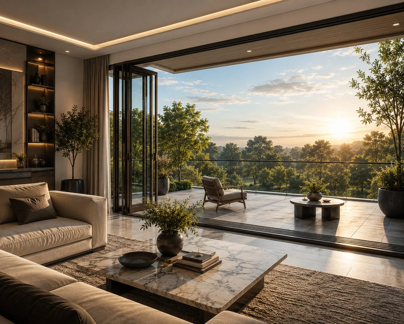 Wide balcony with slide-and-fold glass doors
