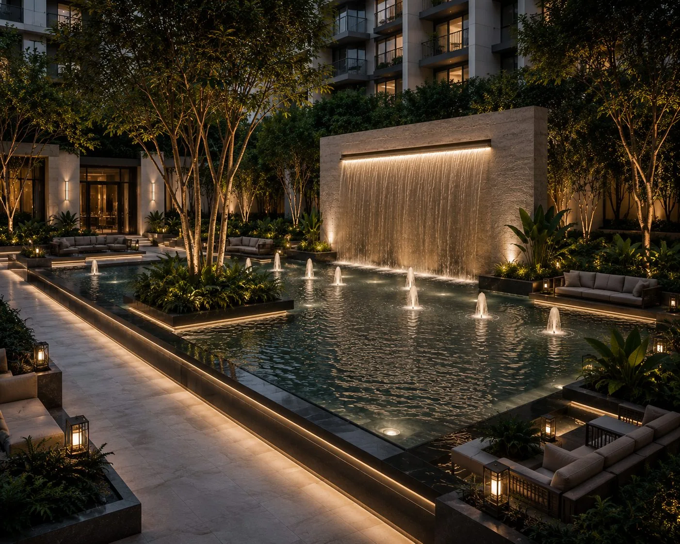 Water feature courtyard, evening light